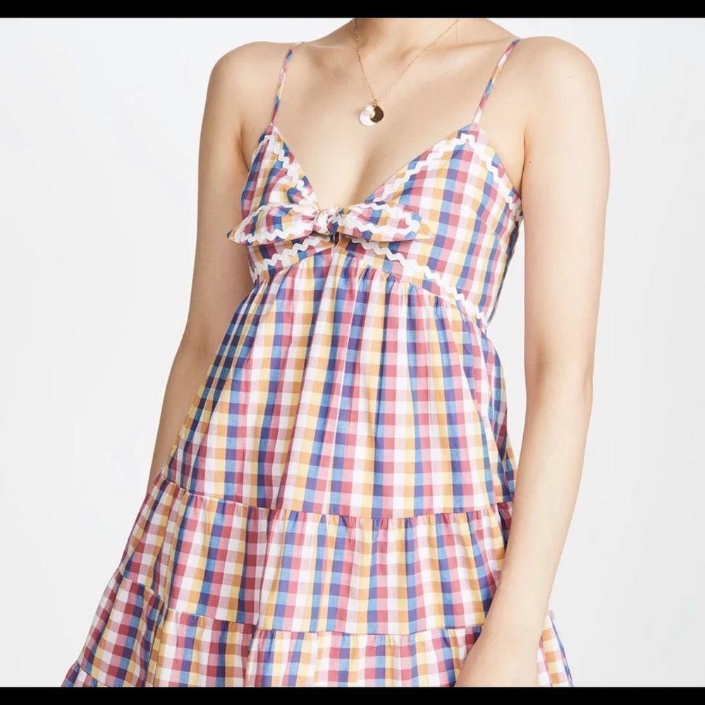 🆕✨ENGLISH FACTORY✨PRIMARY PLAID & RIBBON TRIM SLEEVELESS BABYDOLL MINI